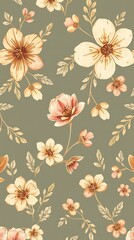 Fototapeta premium A rustic seamless pattern featuring hand-drawn flowers and leaves, rendered in a watercolor style using soft, earthy tones, showcasing a delicate and charming aesthetic.