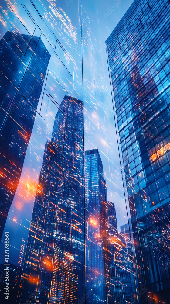 Aufkleber futuristic network data exchange connecting towering skyscrapers, illuminating a smart city at night