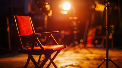 Abstract composition of director's chair on modern stage with warm lighting. concept of cinematic creativity, film production, artistic direction, modern theater. Copy space