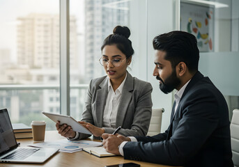 Business Meeting in Modern Office, Generative AI image, Team Collaborating in Office with City View, Generative AI image