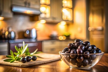 Double Exposure: Black Olives in Bowl, Kitchen Countertop