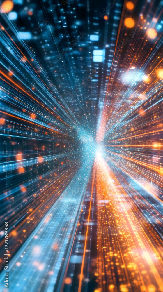 Aufkleber Digital particles streaming through virtual network, representing complex technological flow and interconnected data transmission