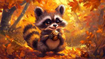 Joyful Raccoon Holding an Acorn in Vibrant Autumn Forest Illustration. Concept of woodland creatures, cheerful nature, playful wildlife, fall season beauty