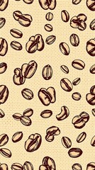 A rustic seamless pattern composed of hand-drawn coffee beans and burlap textures in shades of brown and beige, employing a sketch-style approach, with a rough, organic feel.
