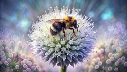 Double Exposure: Bumble Bee Pollinating White Allium Flower