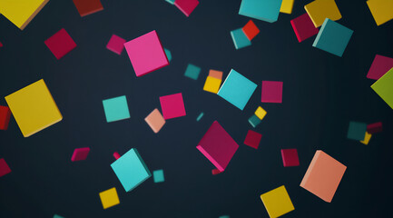 colorful squares floating in the air, against a dark background,