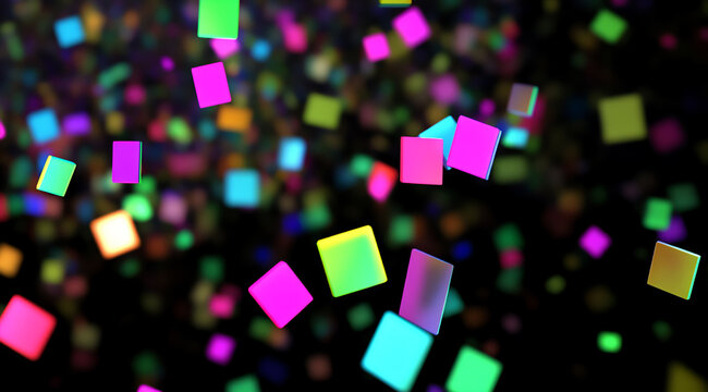colorful squares floating in the air, against a black background,