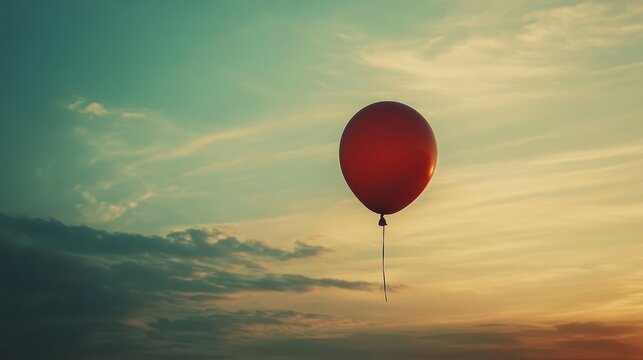 A vibrant red balloon floats against a stunning sunset sky, with hues of teal and orange blending beautifully, evoking feelings of freedom and nostalgia.