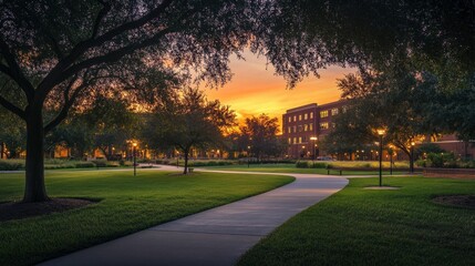 Obraz premium Serene Sunset Campus Walkway: Golden Hour Hues Paint a Picturesque Scene