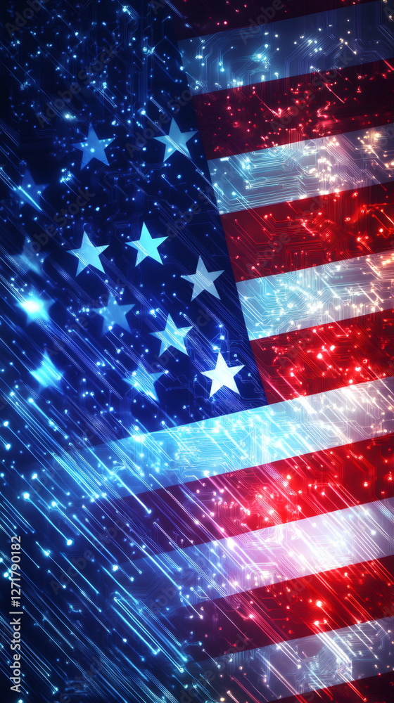 Poster american flag waving over a background of digital circuits, representing the concept of technology a
