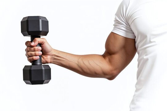 Muscular man's hand lifting a dumbbell with one arm, lifting weights for bodybuilding, isolated on a white background