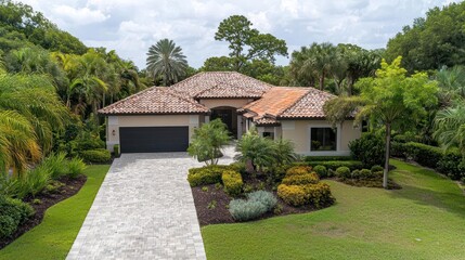 Tan Beige House with Brown Tile Roof and Lush Green Landscaping