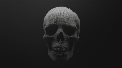 A detailed skull with a pixelated texture against a dark background.