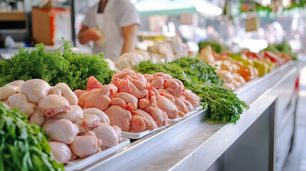 Fresh raw chicken meat and vegetables on display at market stand. Concept of grocery shopping, fresh produce, culinary ingredients, local food markets