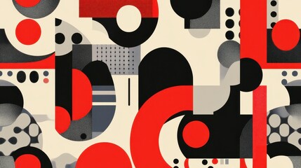 An abstract design featuring bold black, red, and beige shapes, creating a dynamic visual rhythm that captivates the viewer's attention.