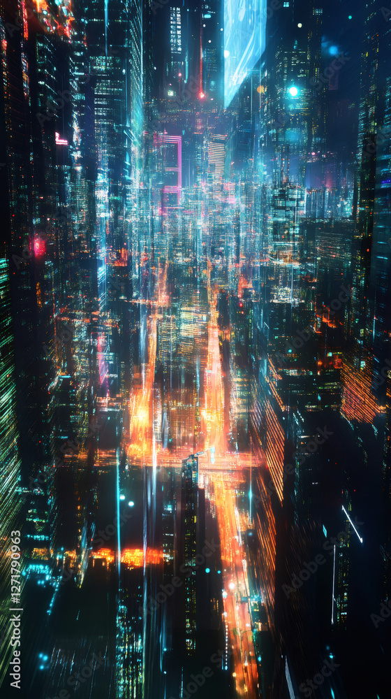 Leinwandbilder digital rain falling on a futuristic cityscape with glowing skyscrapers and vibrant lights, creating