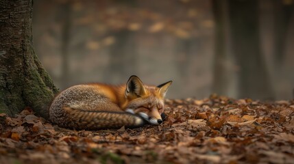 Obraz premium A red fox curled up and resting among fallen leaves in a serene forest setting.
