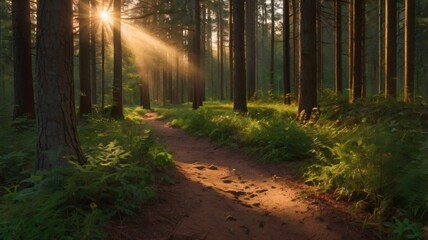 Realistic forest scene with a sunlit dirt path meandering through tall trees, with small vibrant flowers growing along the edges and warm light casting natural shadows.