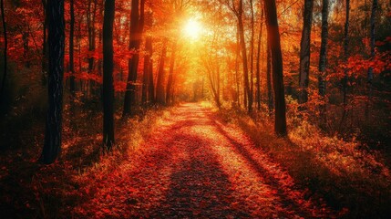 Fototapeta premium A serene autumn path illuminated by a warm sunset, surrounded by vibrant orange and red foliage, creating a peaceful atmosphere in the forest.