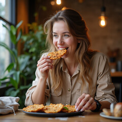 Smiling woman enjoying a crispy snack in a cozy café setting  
