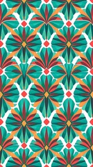 A repeating geometric seamless pattern featuring vibrant teal, coral, and gold hues, rendered in a bold Art Deco style with a high-contrast color palette and clean lines, di.