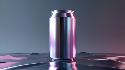 Chilled Aluminum Beverage Can with Dew Drops, A shiny aluminum can featuring a smooth surface and condensation, perfect for refreshing drinks.