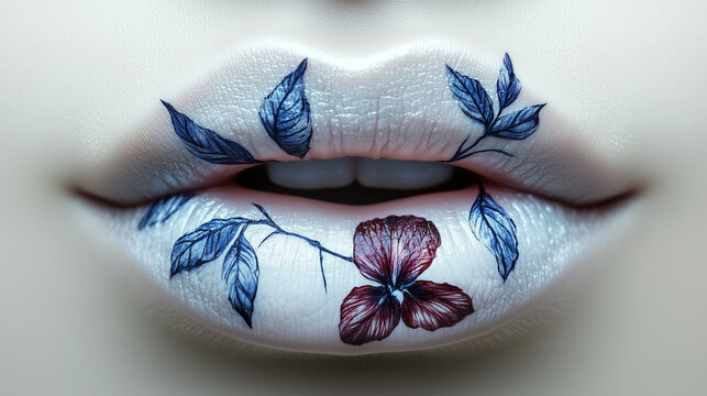 Stunning floral lip art featuring detailed painting of leaves and flowers on soft, pale lips in a creative makeup design