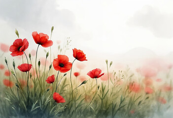 Naklejka premium Red poppies in misty field under cloudy smokey sky for Remembrance Day, Poppy Day, Veterans Day, Anzac Day. Banner, poster, greeting card template background, copy space. Watercolor illustration