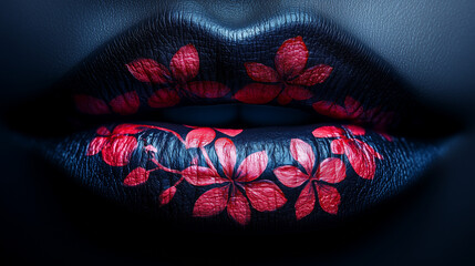 Artistic lip makeup featuring vibrant floral designs in bold colors against a dark backdrop