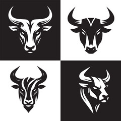 Fierce Bull Head Logo Set in Black and White, Aggressive Bull Mascot Logos – Monochrome Vector Icons