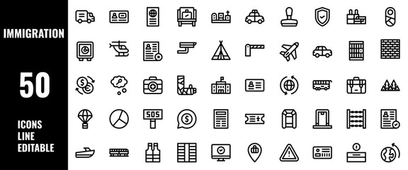 50 Immigration Icons Set Pack Line Editable Vector Illustration