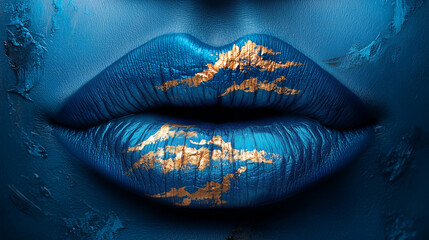 Bold blue lips adorned with golden accents create a striking artistic expression