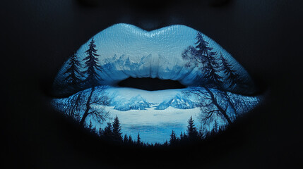 Mountain landscape art on painted lips creates a stunning visual experience showcasing nature's beauty