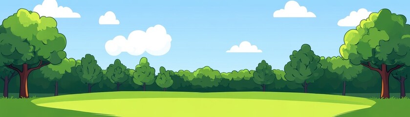 Vibrant green meadow with trees and fluffy clouds in a bright blue sky.