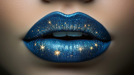 Unique blue glitter lips with star embellishments create a striking beauty look for a creative makeup artist