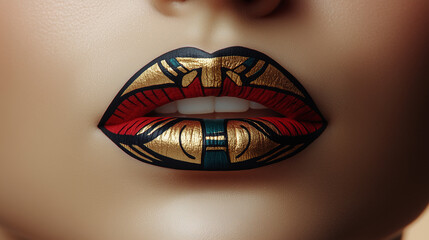Unique lip art featuring intricate designs in bold colors and metallic finishes showcased on a model