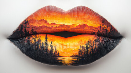 Creative lip art featuring a vibrant sunset landscape with mountains and trees