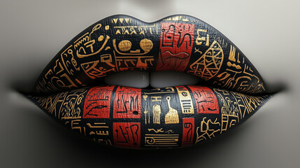 Unique black and gold lip art featuring ancient symbols and hieroglyphics showcases creative expression in modern art