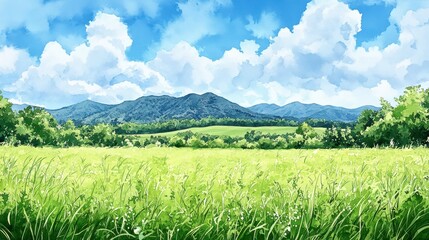 Fototapeta premium Vast green fields under a bright blue sky with fluffy clouds and distant mountains on the horizon.