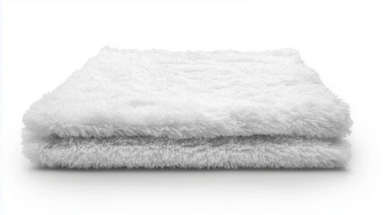 A stack of fluffy white bath towels neatly arranged on a light background.
