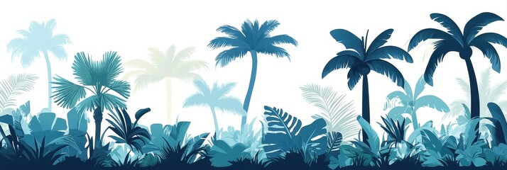 Tropical foliage silhouette with various palm trees and leaves on a soft gradient background.