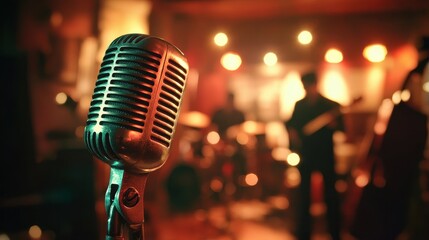 A vintage-style microphone stands in the foreground, surrounded by a warm and inviting atmosphere of a live music performance with band members blurred in the background.