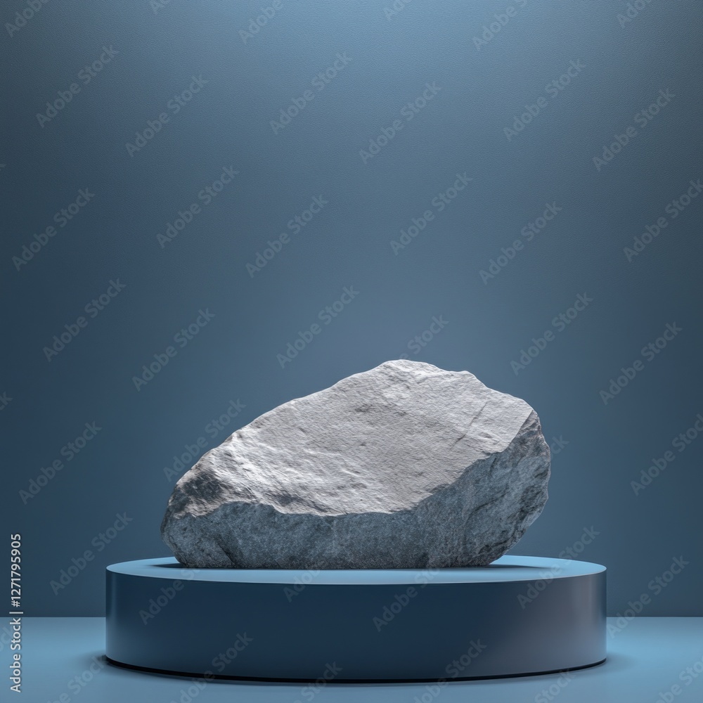 Poster a striking rock is artfully positioned atop a circular podium, highlighted by soft lighting in a min