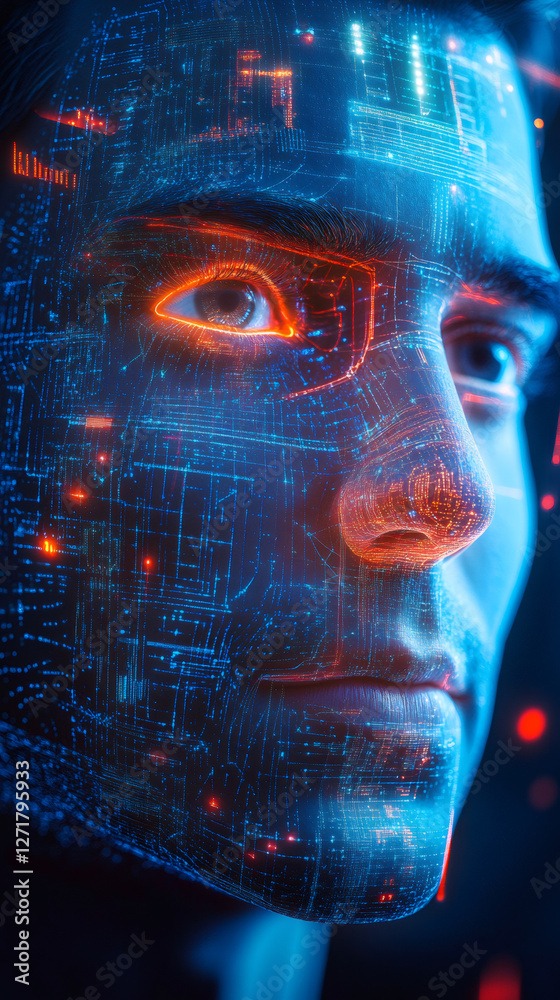 Aufkleber projecting digital circuitry on a man's face, symbolizing the fusion of artificial intelligence, cyb