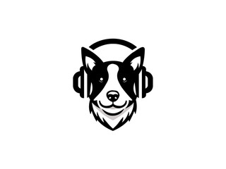 Cartoon dog head wearing headphones company logo, vector dog logo for themed business or product. Brand identity company logo design, dog head vector silhouette logo and t-shirt design illustration.