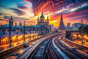 Fototapeta premium Double Exposure: Paveletsky Railway Station - Urban Landscape & Train Tracks