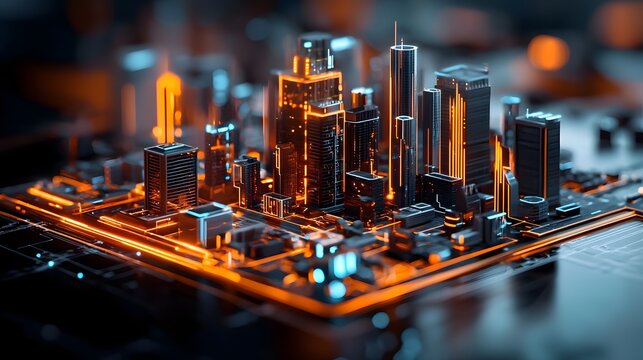 Holographic architecture rendering showcasing a floating 3D urban development model with ultra modern futuristic design elements and glowing accents