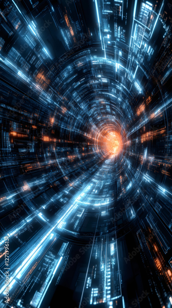 Aufkleber Digital tunnel illuminating binary data, pulsing with electric blue lines representing information streaming through virtual network connectivity
