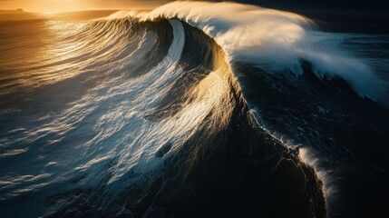 A powerful ocean wave captures the golden hues of sunset, showcasing dynamic movement and contrasting dark tones.