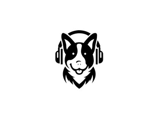 Cartoon dog head wearing headphones company logo, vector dog logo for themed business or product. Brand identity company logo design, dog head vector silhouette logo and t-shirt design illustration.